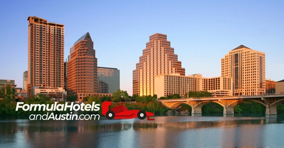 Austin skyline and Congress Avenue bridge — hotels for the F1 United States Grand Prix at COTA