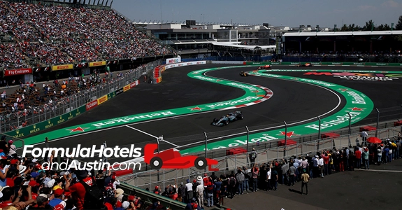 Mexico City skyline and Autódromo Hermanos Rodríguez — hotels & packages for the Mexican Grand Prix